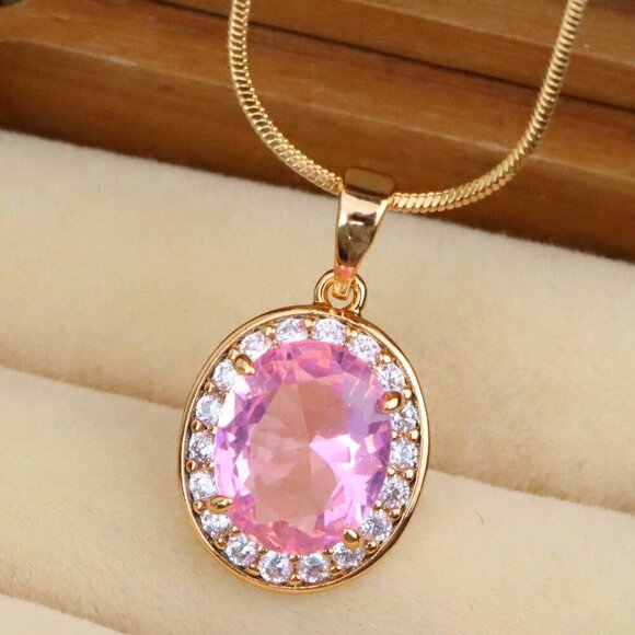 "Oval Pink Pendant with Crystal Accents in Rose Gold-Plated Setting, XPPT1620 - Picture 1 of 13
